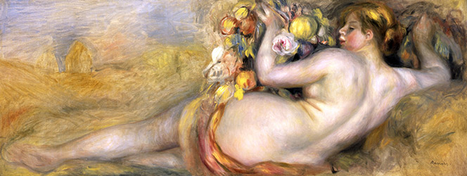 ピエール＝オーギュスト・ルノワール≪果物をもった横たわる裸婦≫1888年、山王美術館蔵
