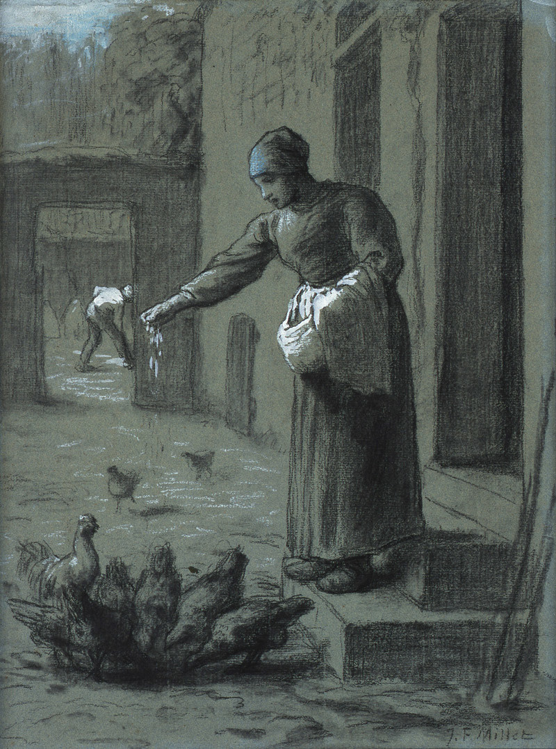 ジャン＝フランソワ・ミレー《鶏に餌をやる女》1851-1853年、山王美術館蔵