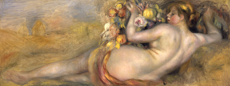 ピエール＝オーギュスト・ルノワール《果物をもった横たわる裸婦》1877年、山王美術館蔵