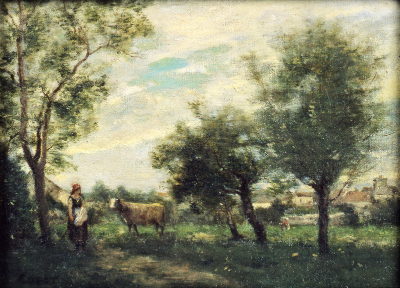 ジャン＝バティスト＝カミーユ・コロー《ロニー＝シュル＝セーヌ、牧草地の牛と牛飼い》1841年、山王美術館蔵
